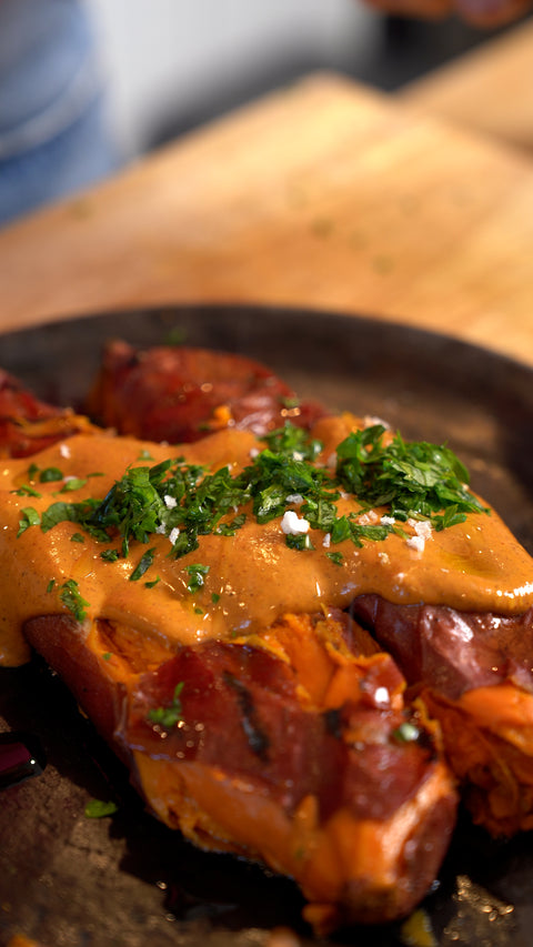 Roasted Camote with Tahini-Mole Crema